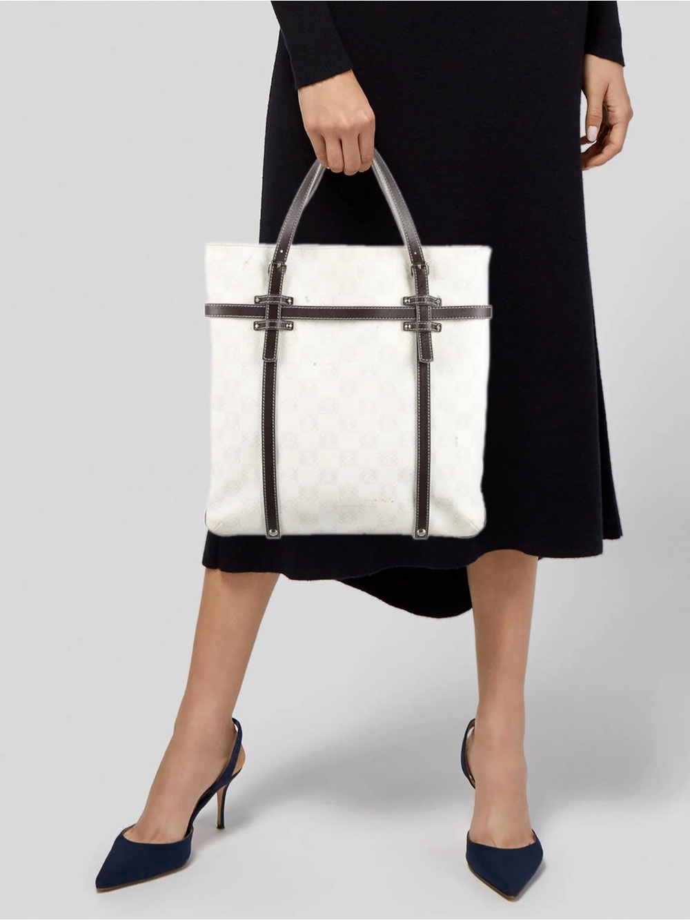 Loewe Anagram Monogram Canvas Leather Tote Bag White Brown Vintage